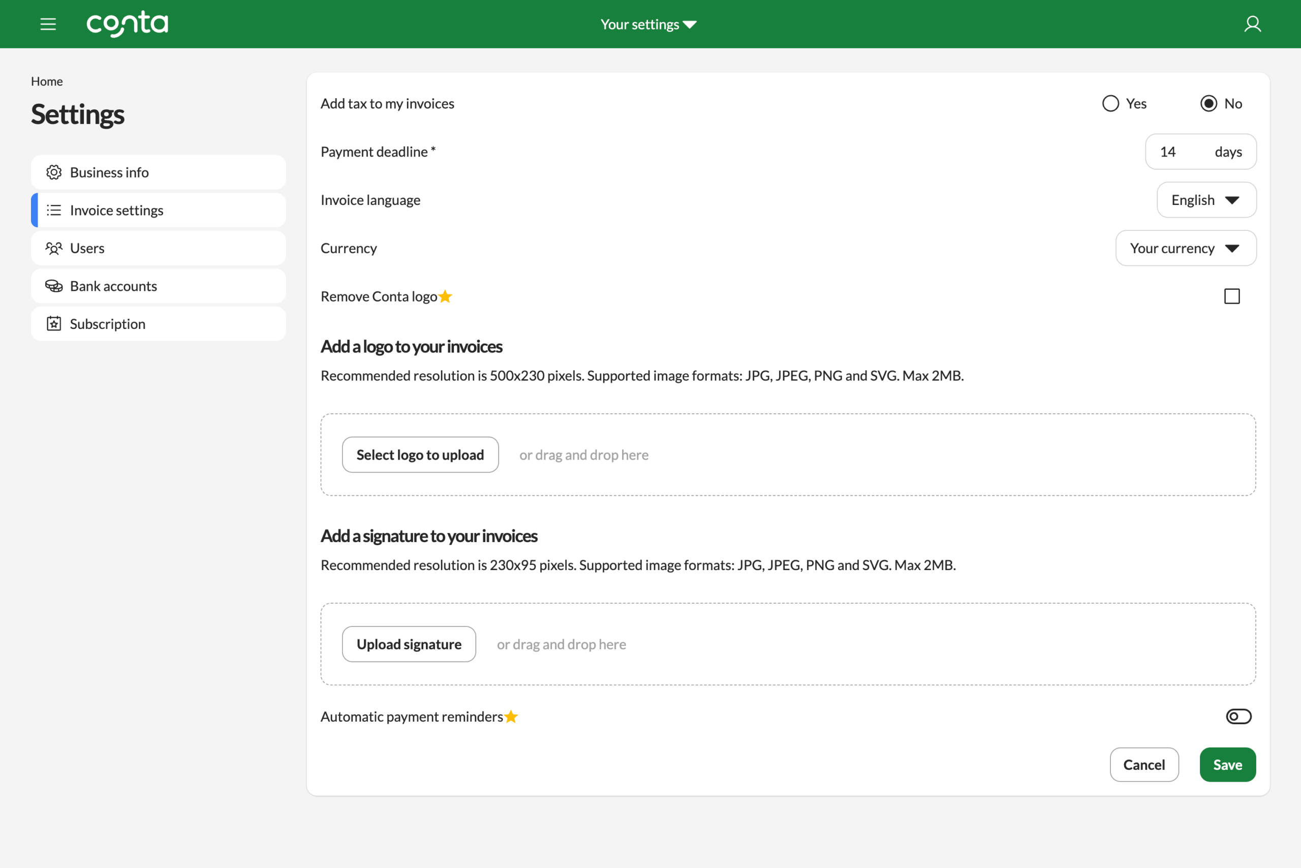 The edit business settings-page, where you can edit your invoice settings