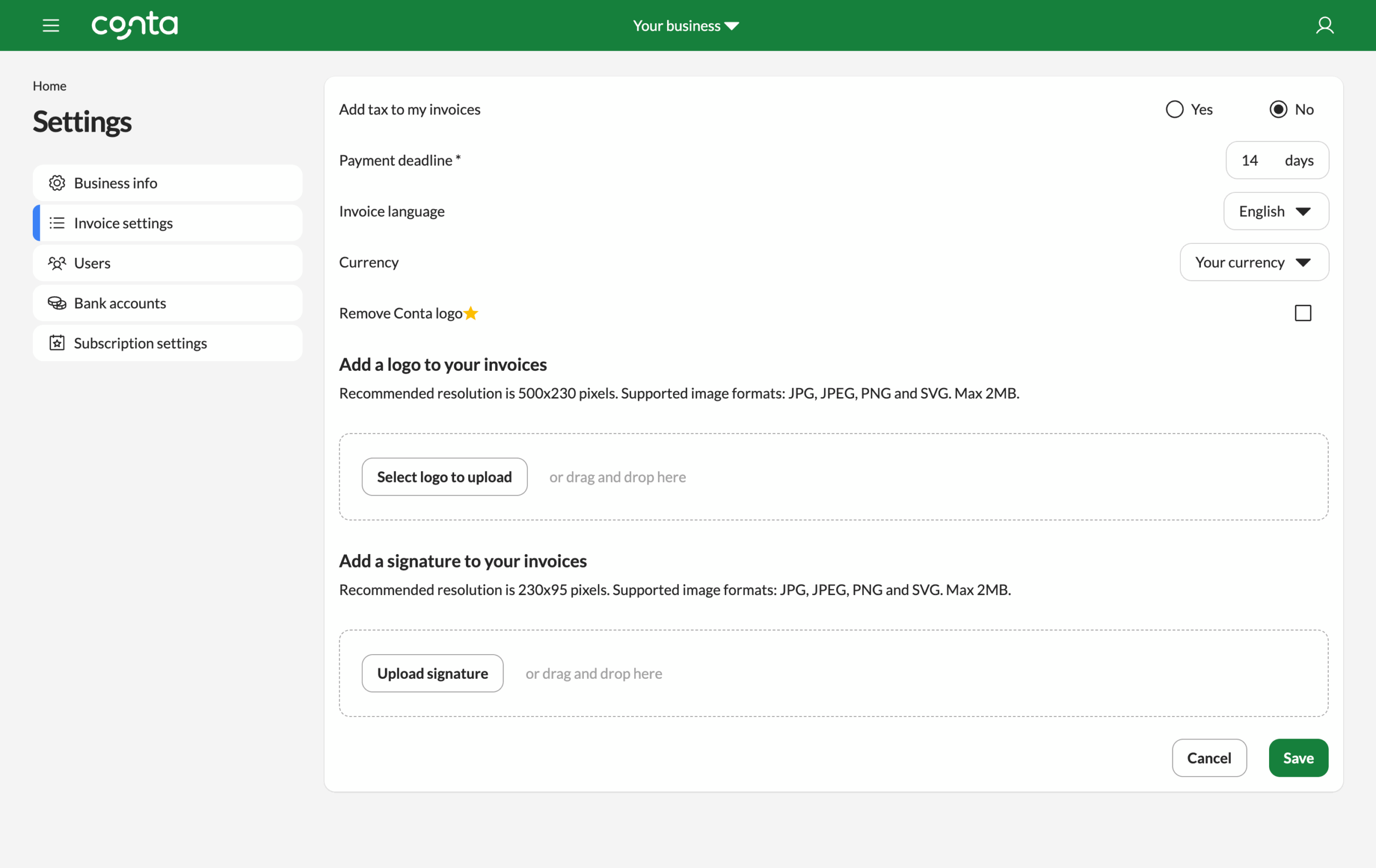 The edit business settings-page, where you can edit your invoice settings