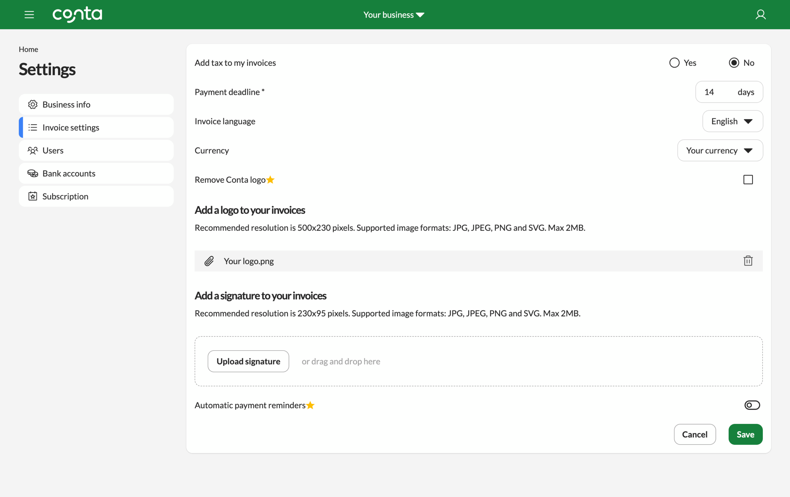 The edit invoice settings page, where you can remove your logo