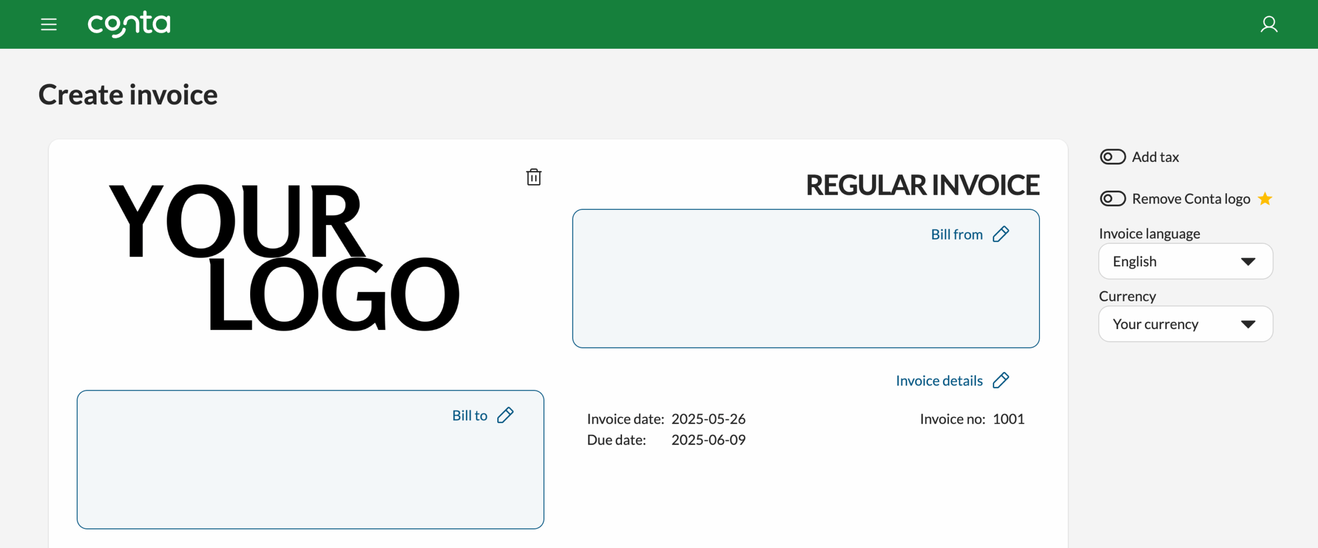 The invoice creator where you can delete your logo and upload a new one