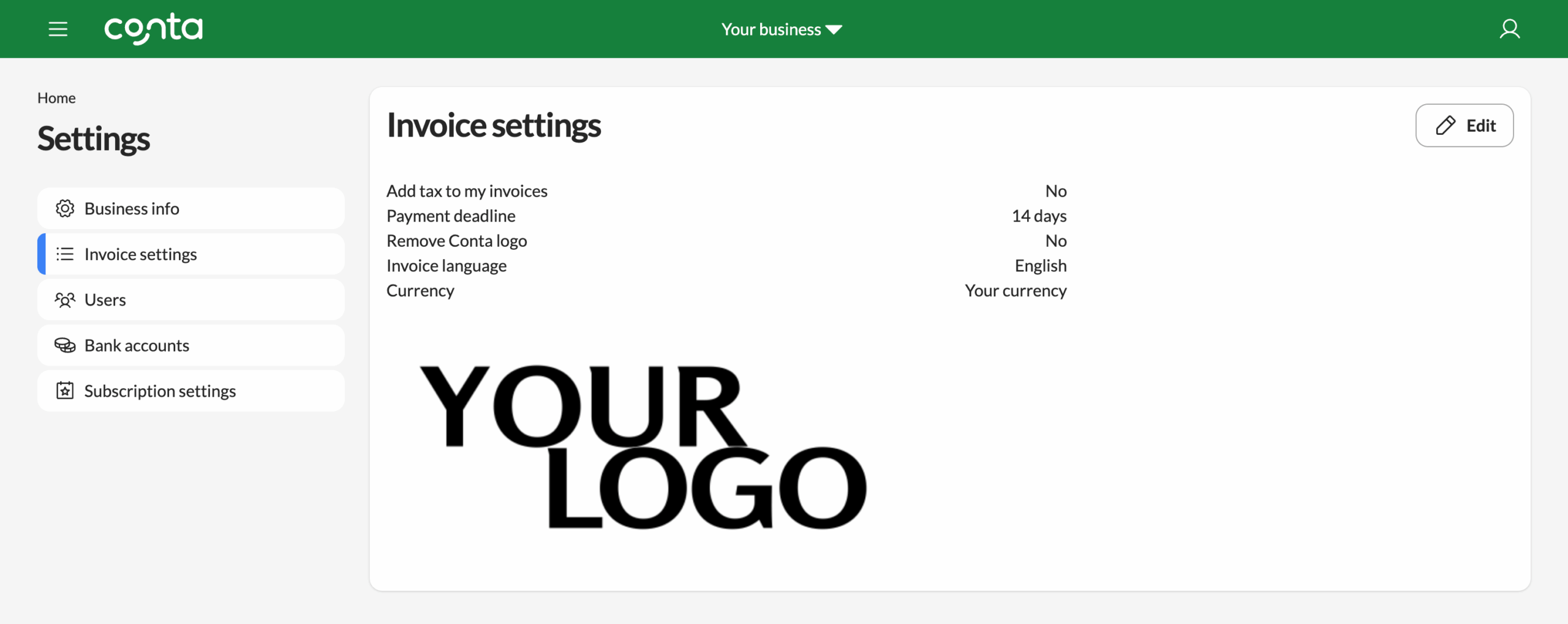 The invoice settings page where you can see your logo