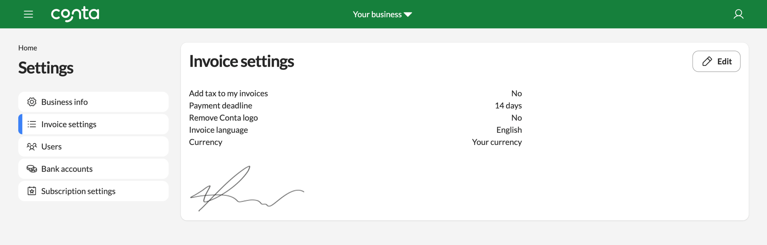 The invoice settings page where you can see your signature