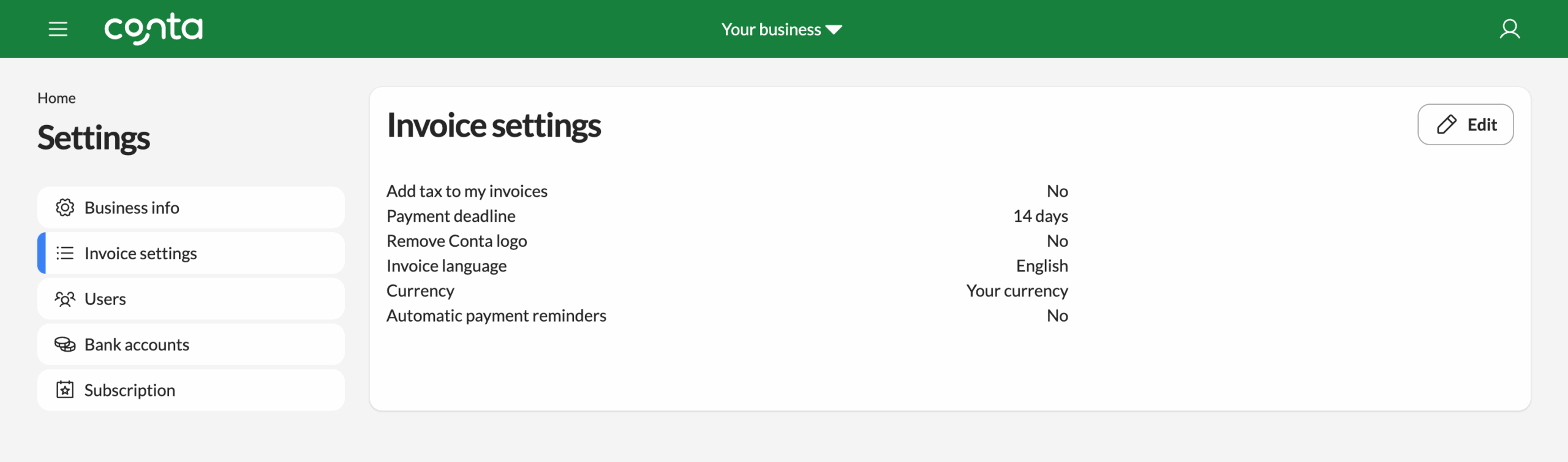 The business settings-page, where you can edit your invoice settings