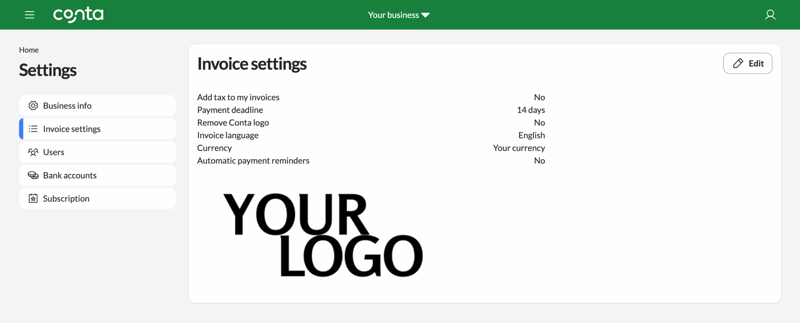 The invoice settings page where you can see your logo