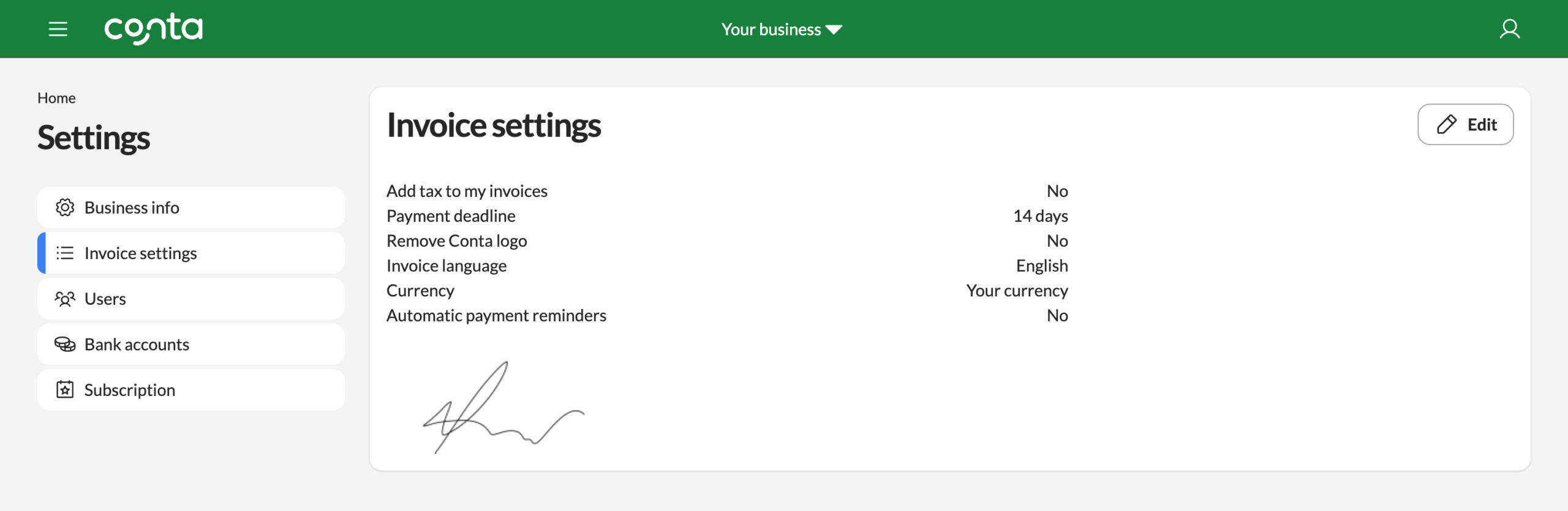 The invoice settings page where you can see your signature