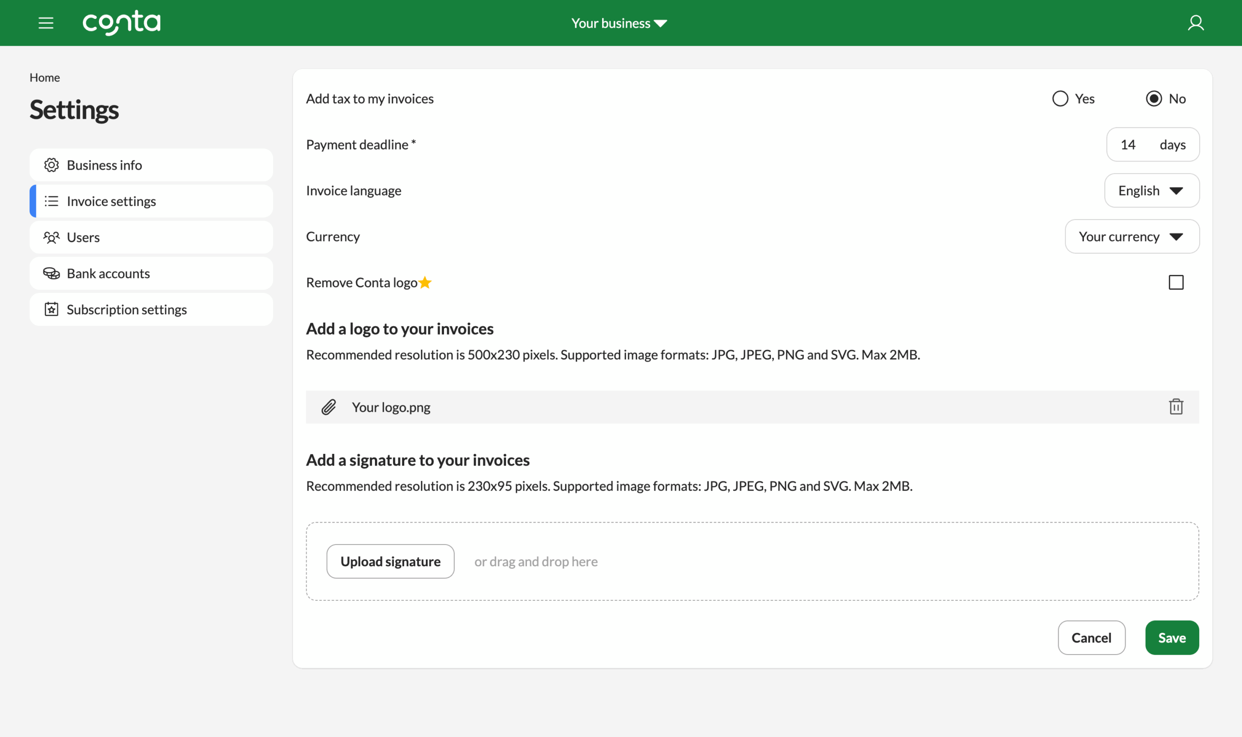 The edit invoice settings page, where you can remove your logo