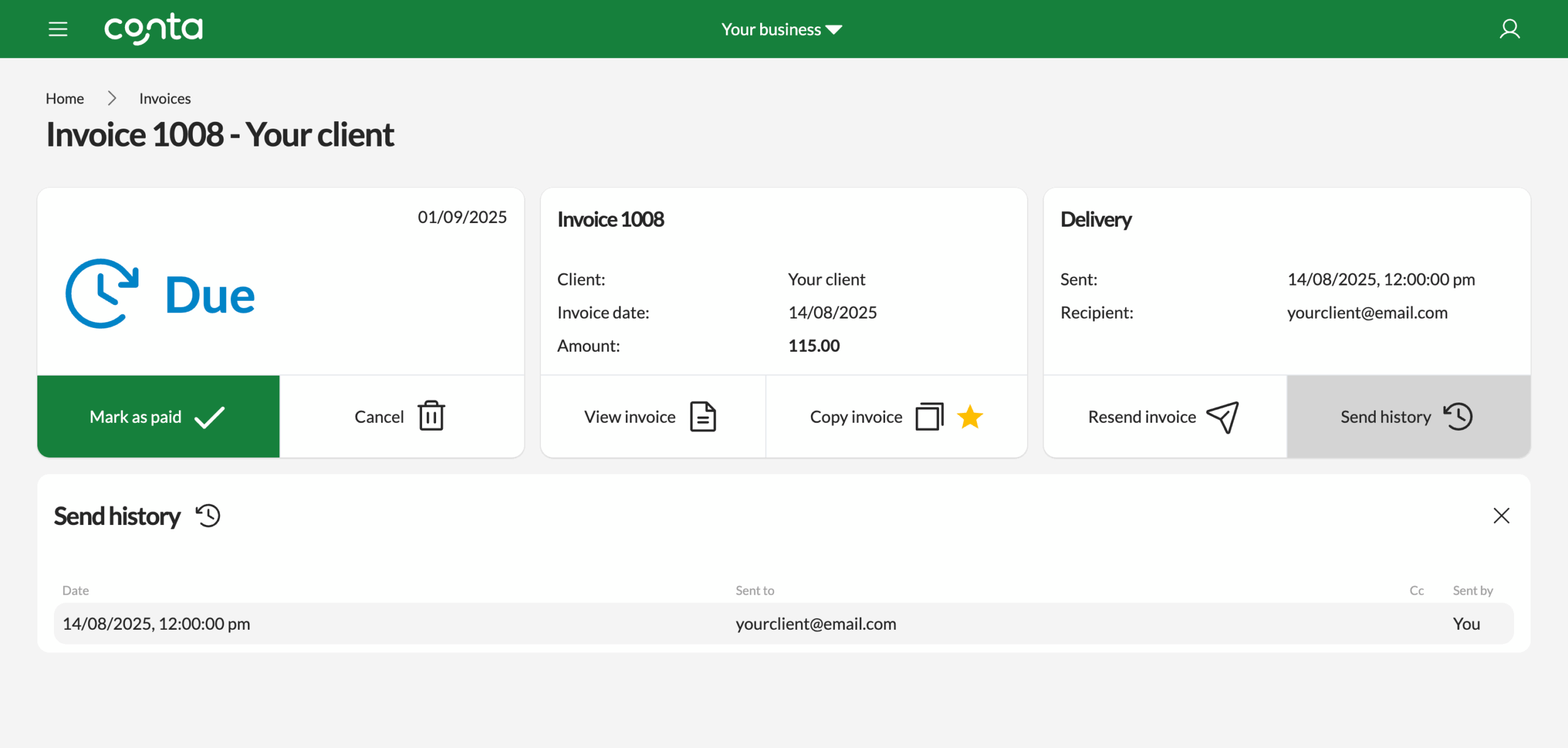 The send history tab, that shows information about when the invoice was sent and who sent it