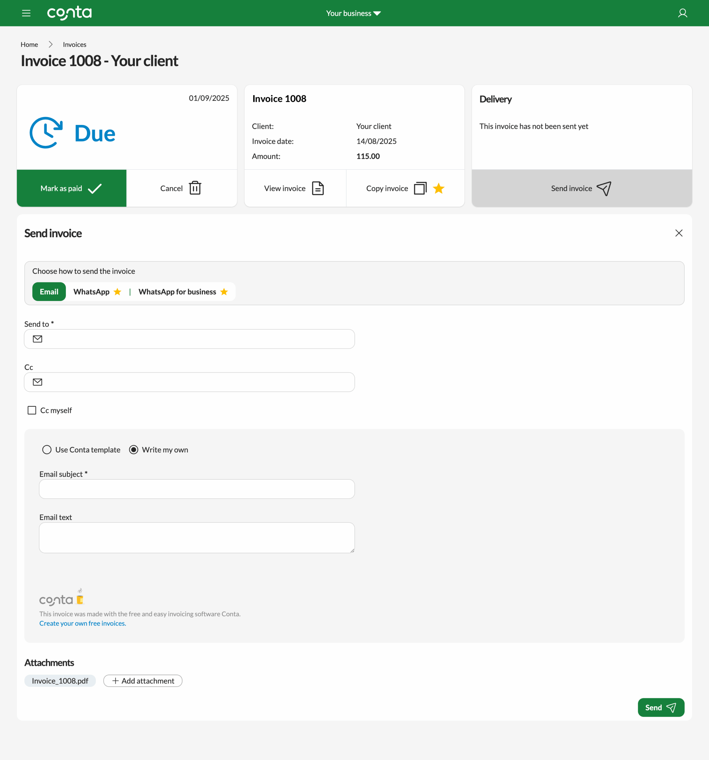Writing your own email template when sending an invoice from Conta
