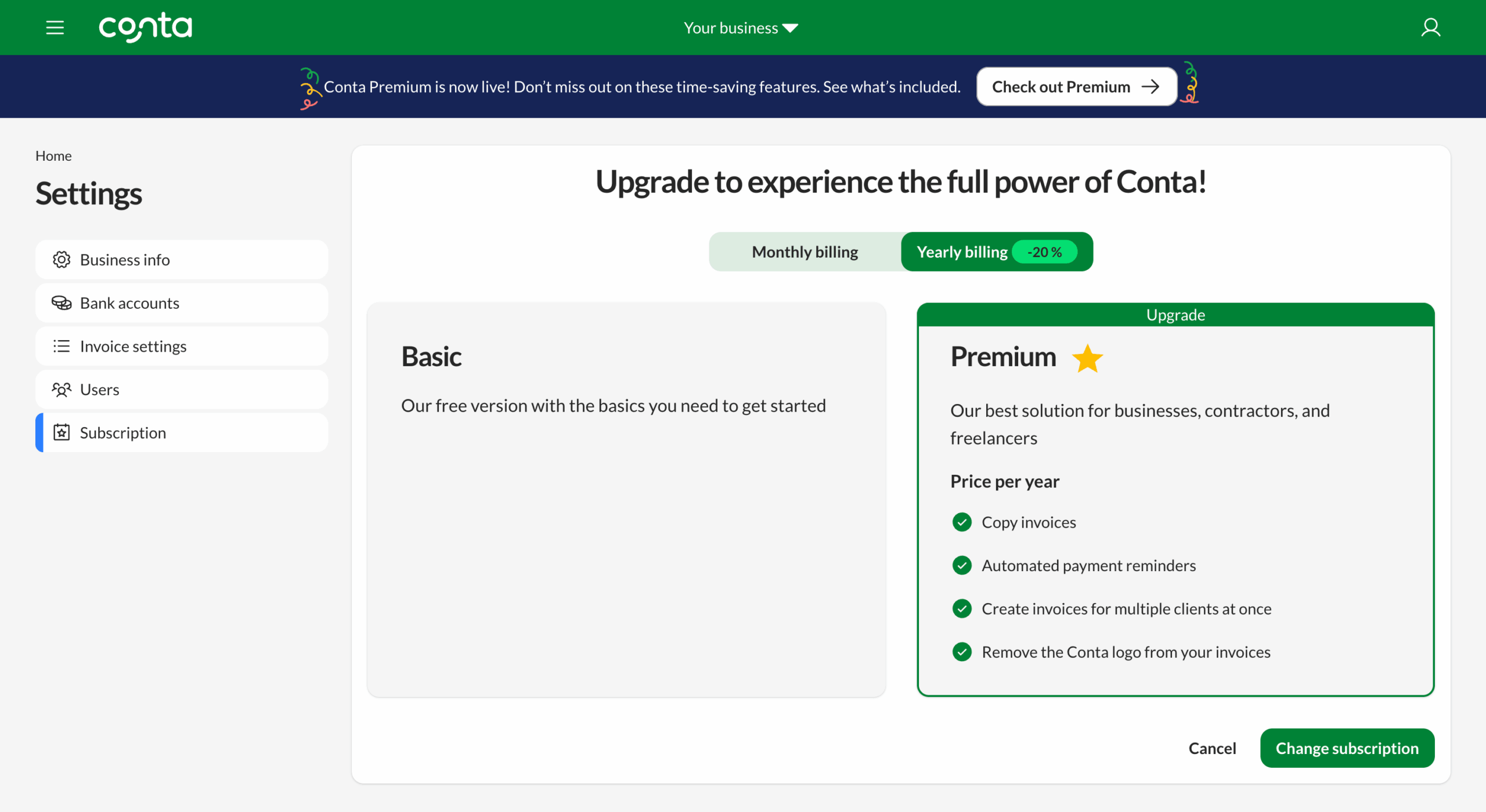 The upgrade page in Conta