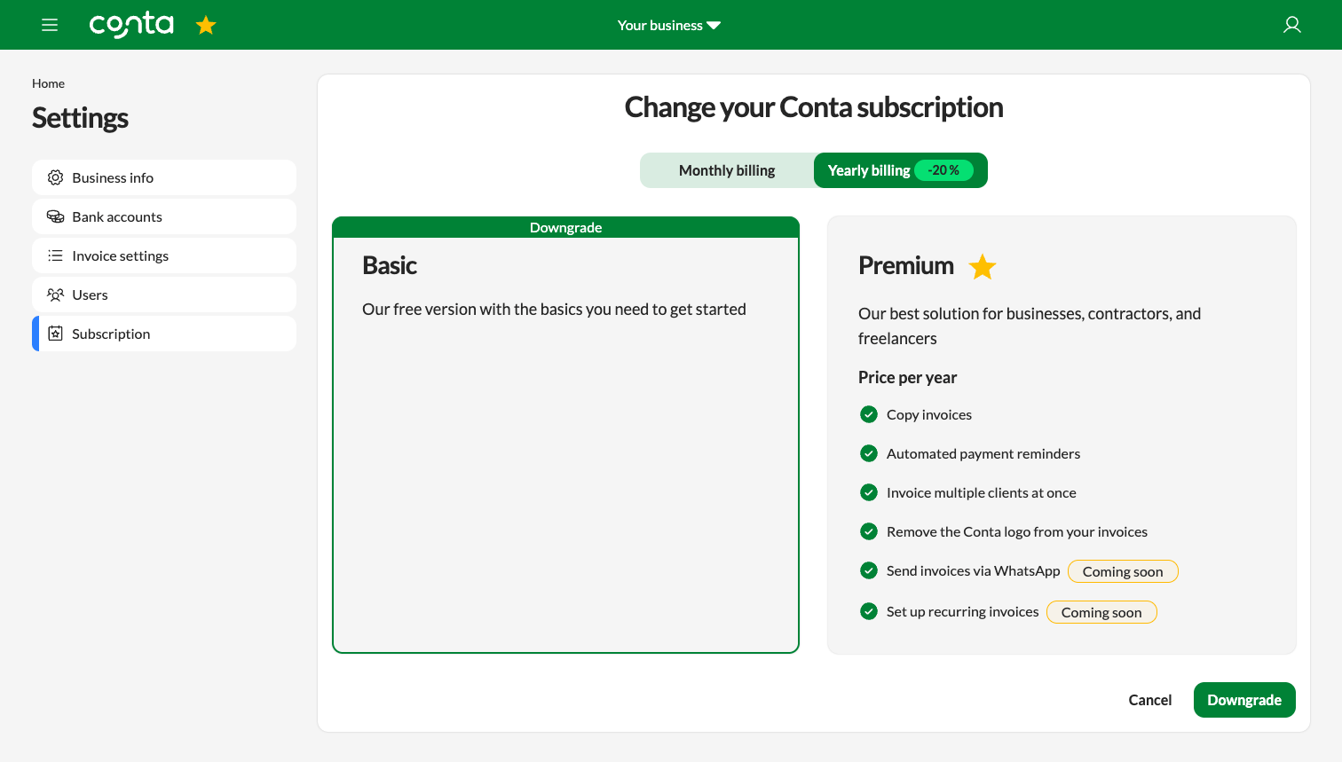Downgrading your subscription in Conta