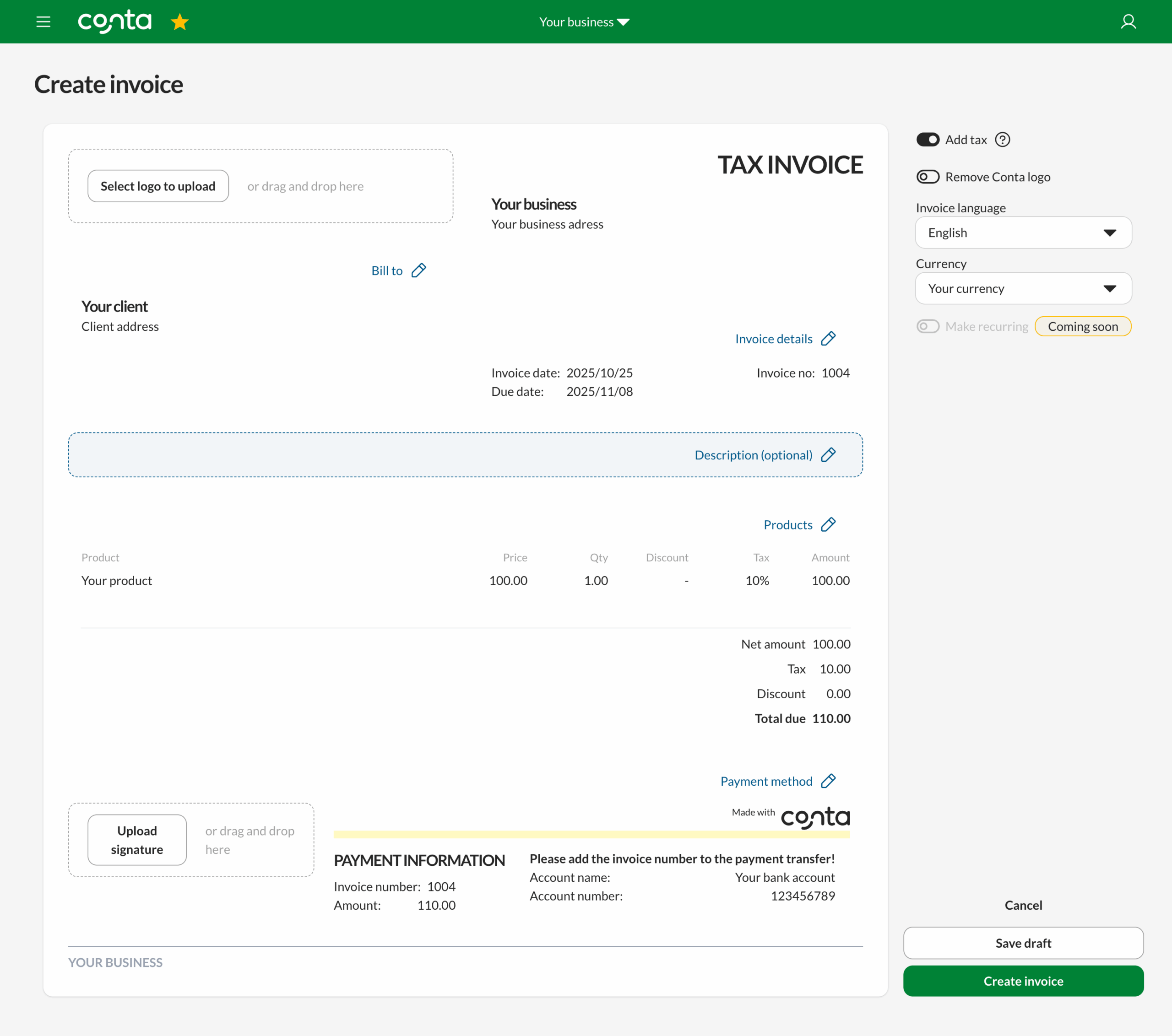 A copied invoice in the premium subscription