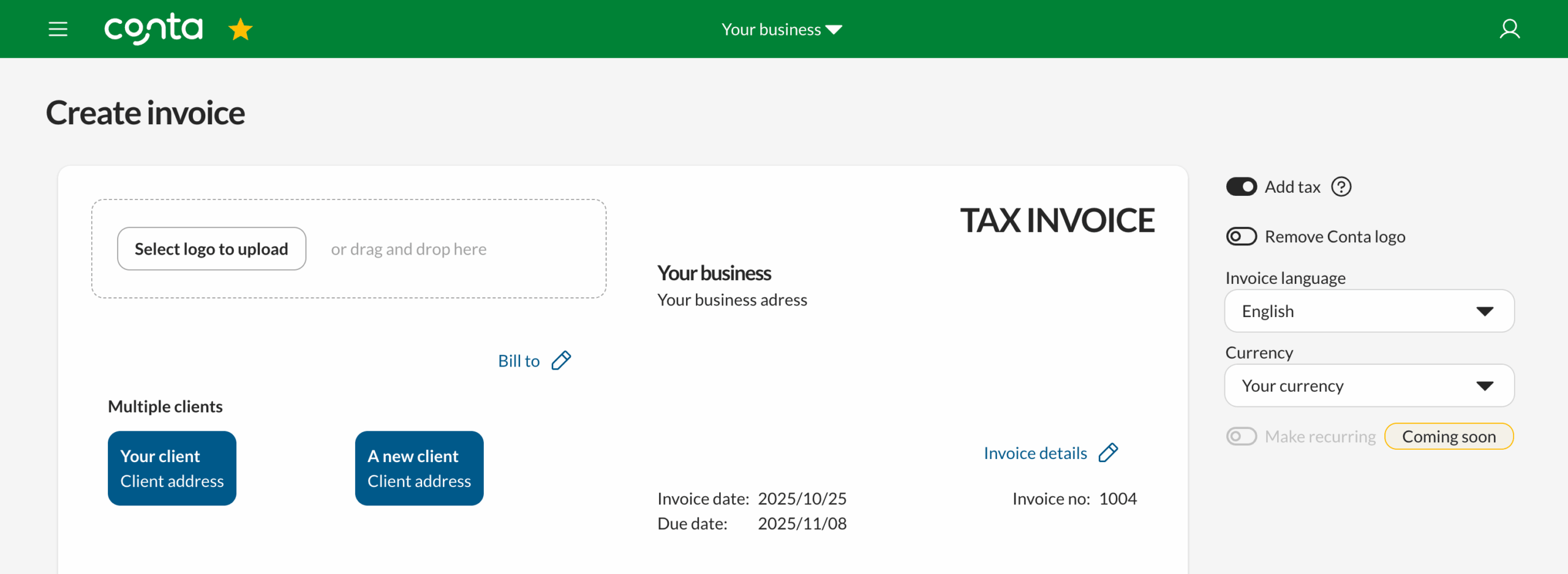 The invoice creator with multiple clients added in the bill to-field