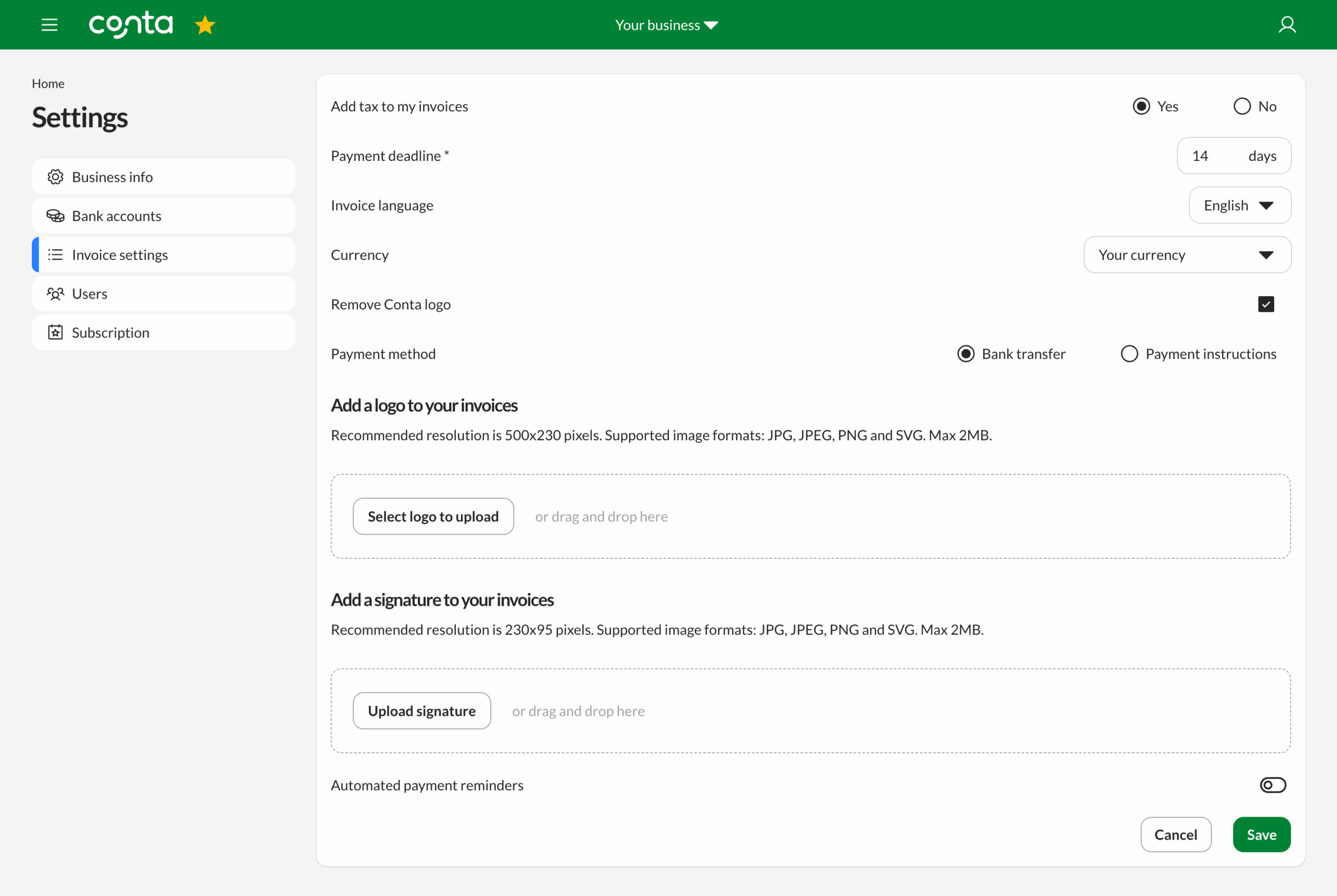 Invoice settings with remove Conta logo ticked