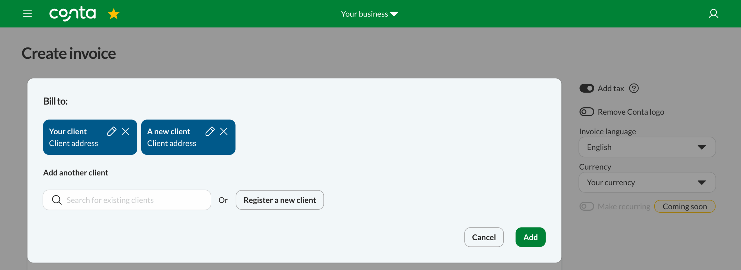 The invoice creator window with multiple clients added in the bill to-field