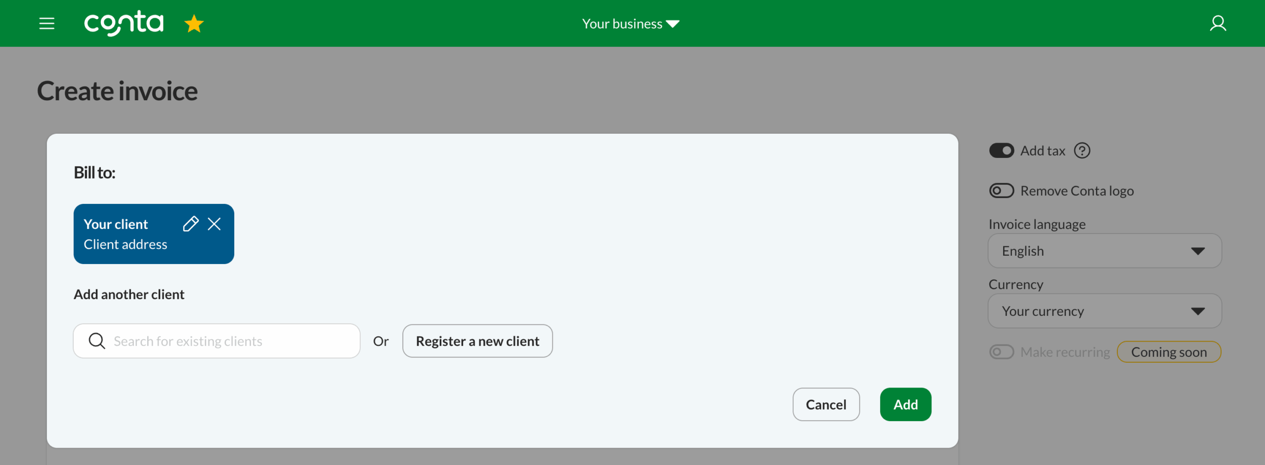 The invoice creator with one client added in the bill to-field