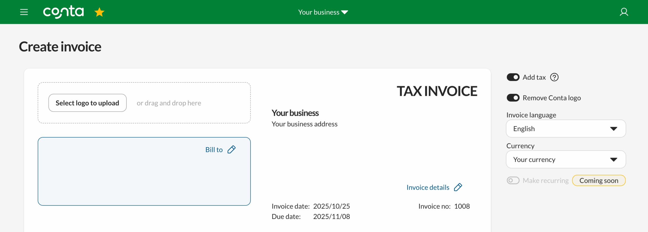 Invoice creator with remove Conta logo ticked