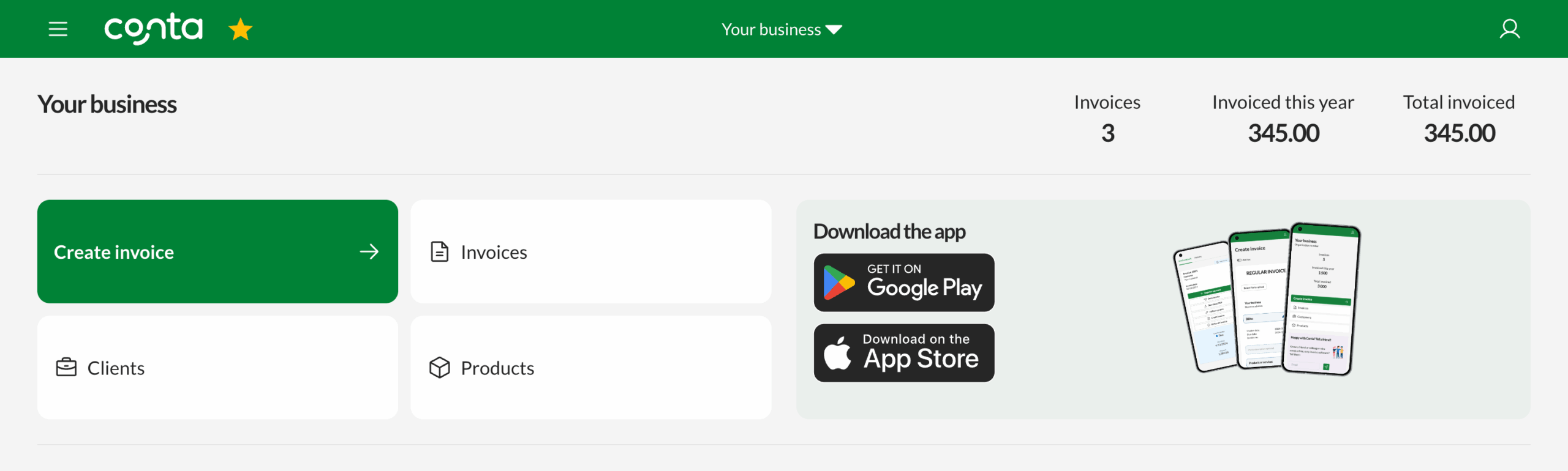 The Conta homepage for a premium user