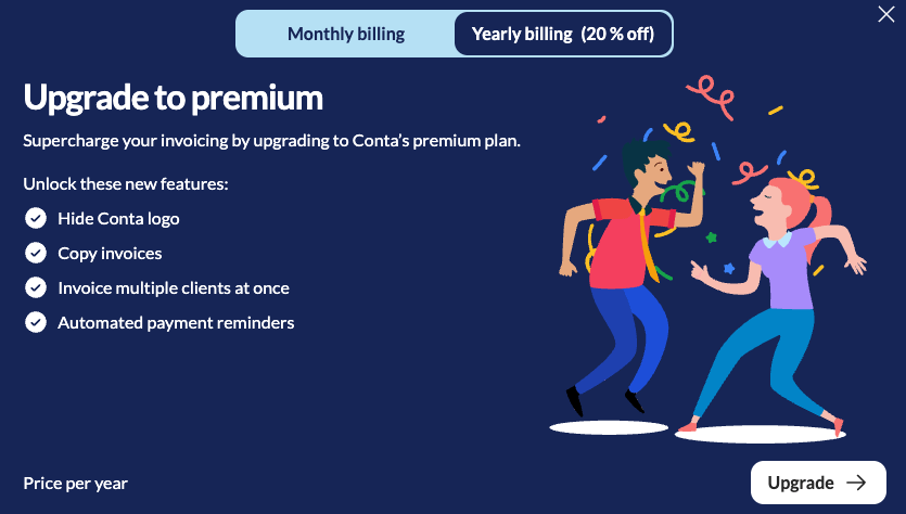 The subscription pop-up in Conta