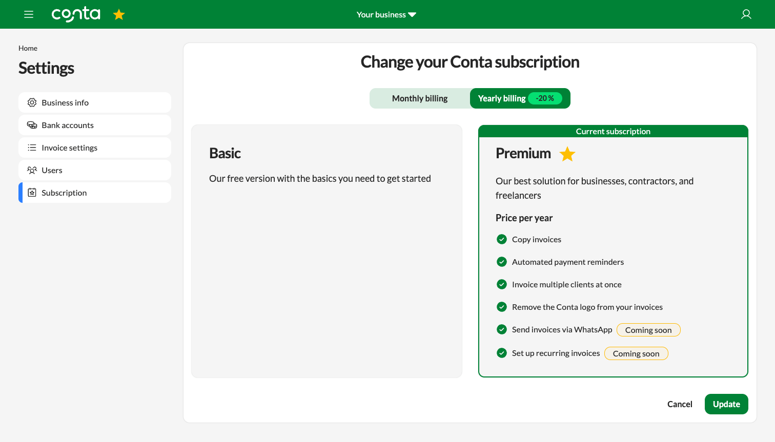 Updating the billing frequency in Conta