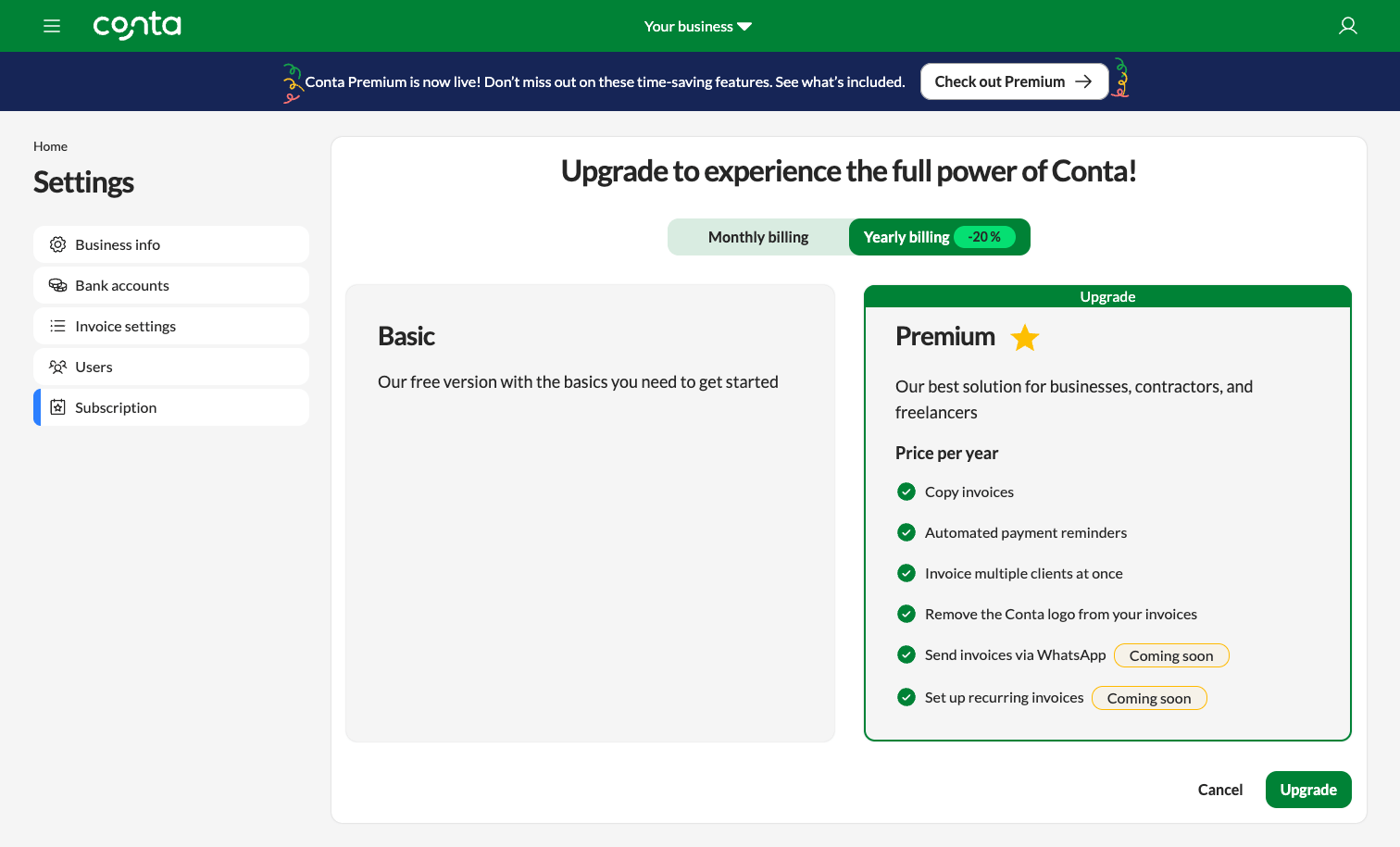 The upgrade page in Conta