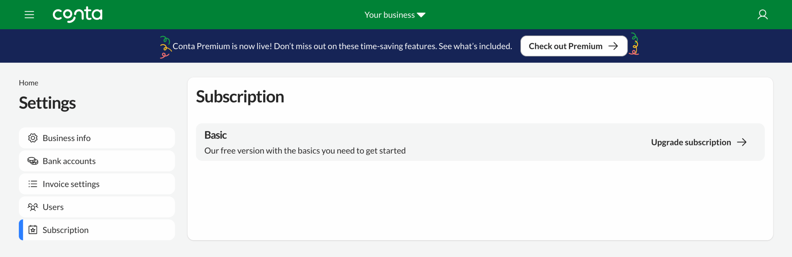The subscription settings in Conta