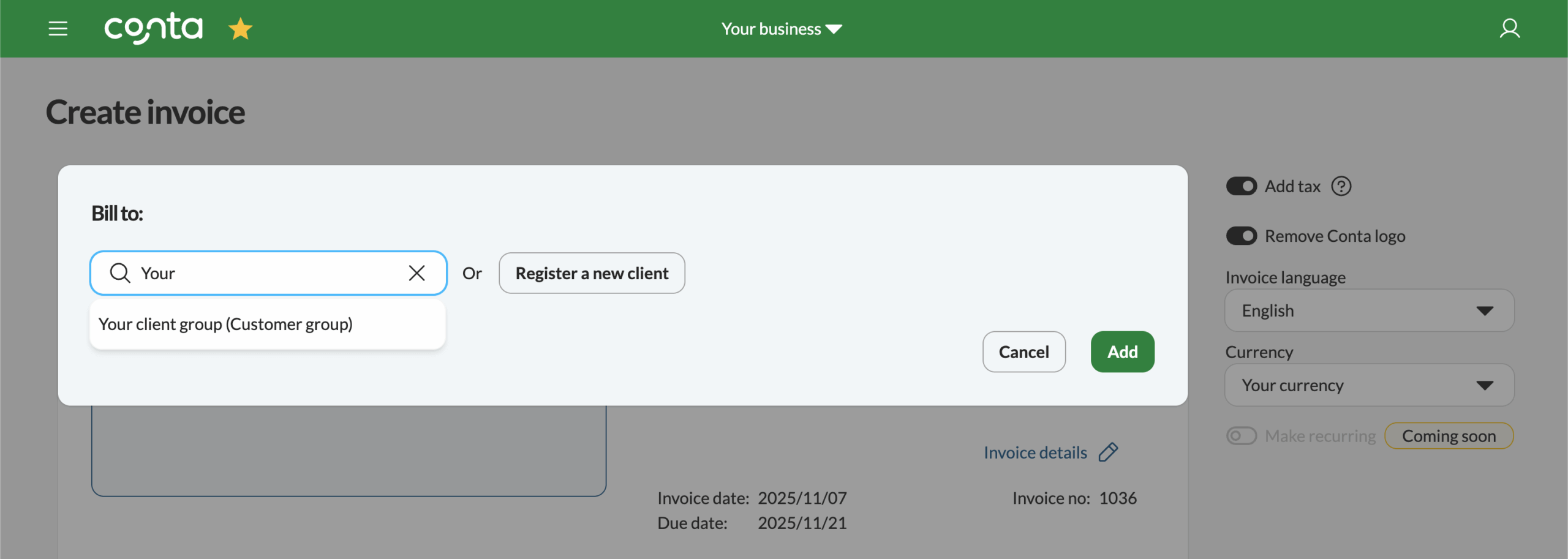 Searching for a client group when making an invoice in Conta